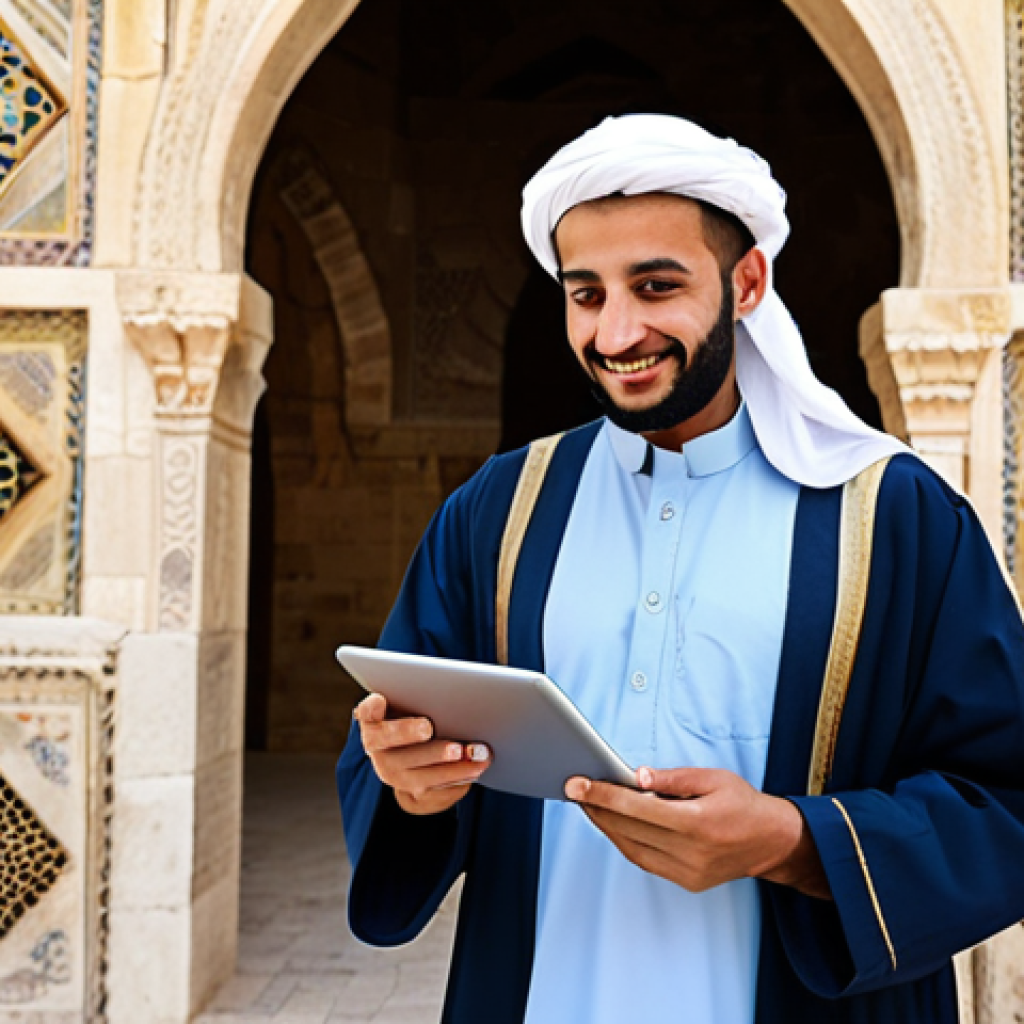 Tourist Guide with Translation App**

"A friendly Arab tourist guide, fully clothed in traditional modest attire, standing near a historic landmark in القدس (Al-Quds/Jerusalem), using a translation app on a tablet to communicate with European tourists, appropriate content, safe for work, perfect anatomy, natural proportions, professional photography, family-friendly."

**