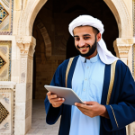 Tourist Guide with Translation App**

"A friendly Arab tourist guide, fully clothed in traditional modest attire, standing near a historic landmark in القدس (Al-Quds/Jerusalem), using a translation app on a tablet to communicate with European tourists, appropriate content, safe for work, perfect anatomy, natural proportions, professional photography, family-friendly."

**