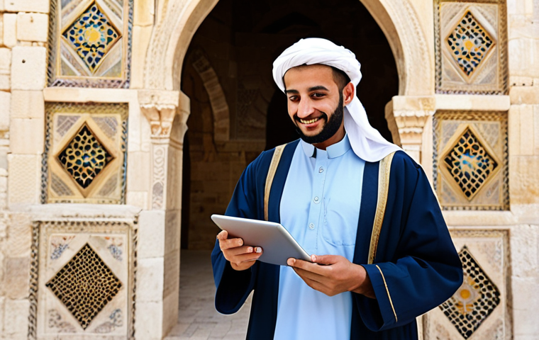 Tourist Guide with Translation App**

"A friendly Arab tourist guide, fully clothed in traditional modest attire, standing near a historic landmark in القدس (Al-Quds/Jerusalem), using a translation app on a tablet to communicate with European tourists, appropriate content, safe for work, perfect anatomy, natural proportions, professional photography, family-friendly."

**