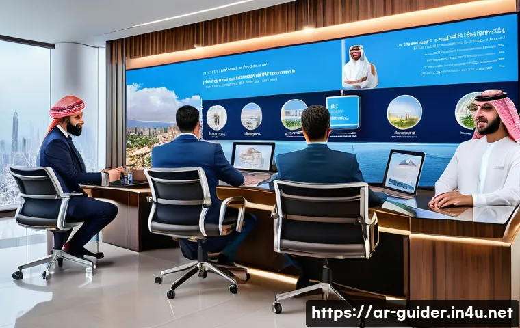 여행안내사로서 AI 기술 활용 방법 - A modern travel agency office in a Middle Eastern city, showcasing a diverse team of Arabic-speaking...