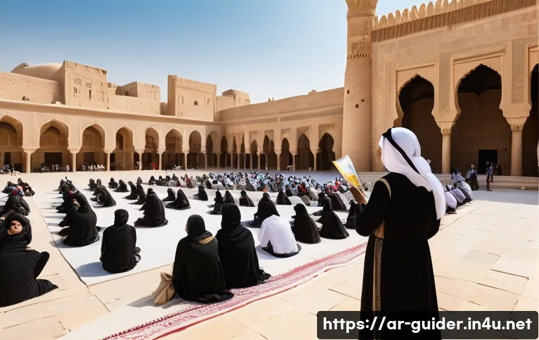여행안내사로 첫 출근 후 하루 - A professional Arabic-speaking tour guide wearing modest, culturally appropriate clothing and a ligh...