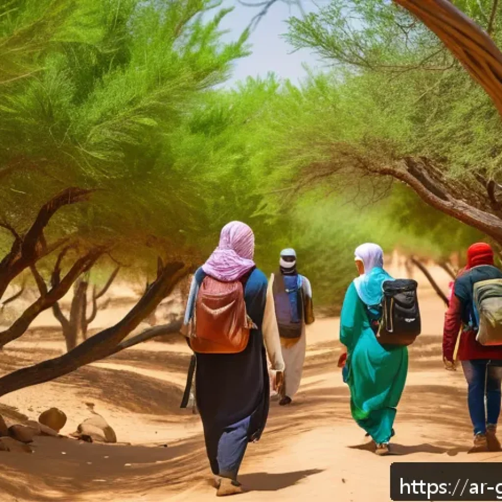 여행안내사 직무 중 환경 보호 사례 - A serene guided eco-tour scene in a lush Middle Eastern forest at golden hour, featuring a local Ara...