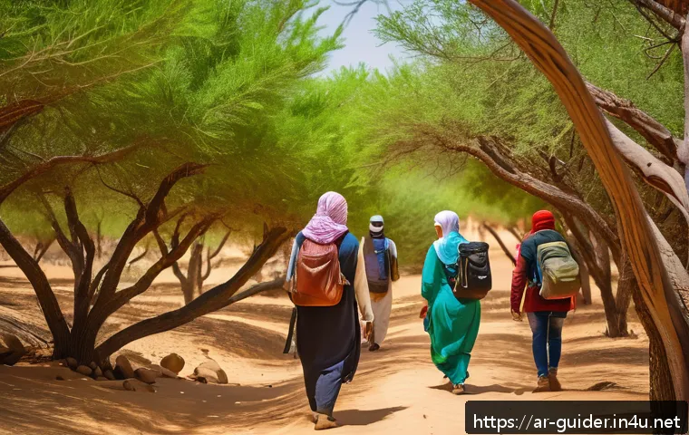여행안내사 직무 중 환경 보호 사례 - A serene guided eco-tour scene in a lush Middle Eastern forest at golden hour, featuring a local Ara...