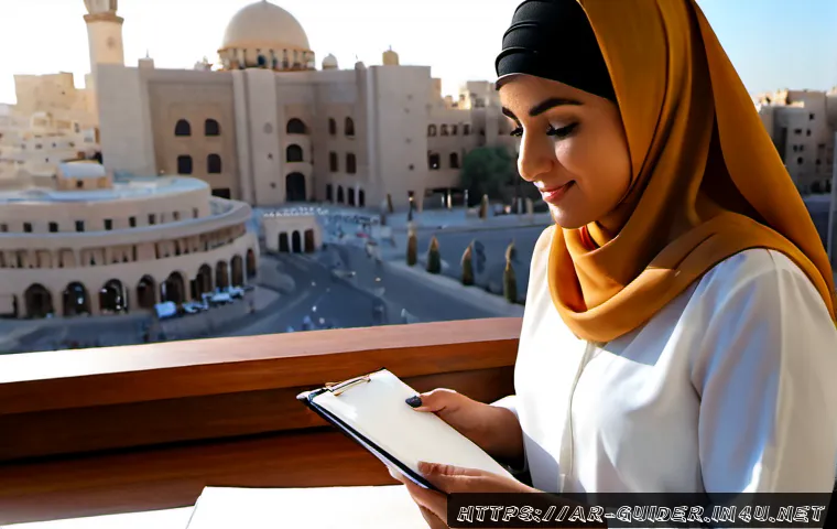 여행안내사 경력관리 노하우 - Photorealistic career planning scene for an experienced Arab tour guide, confident Middle Eastern wo...